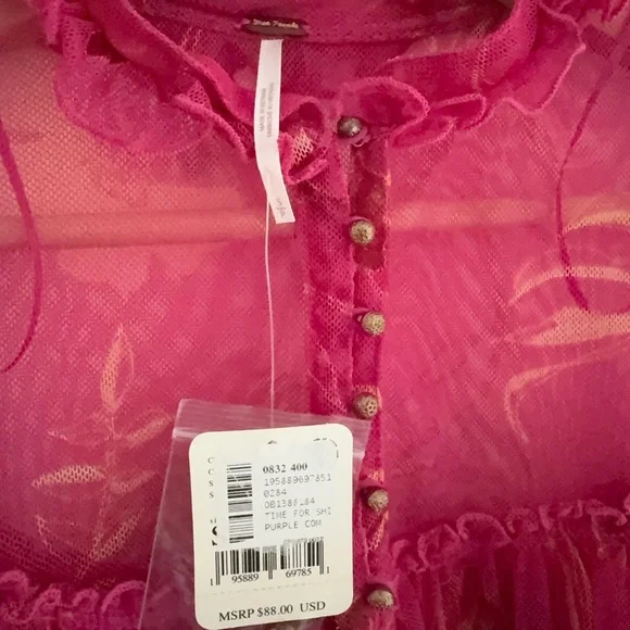 Free People Time For Shine Pink Puff Mesh Smocked long Sleeve Crop Blouse Small - Picture 5 of 7